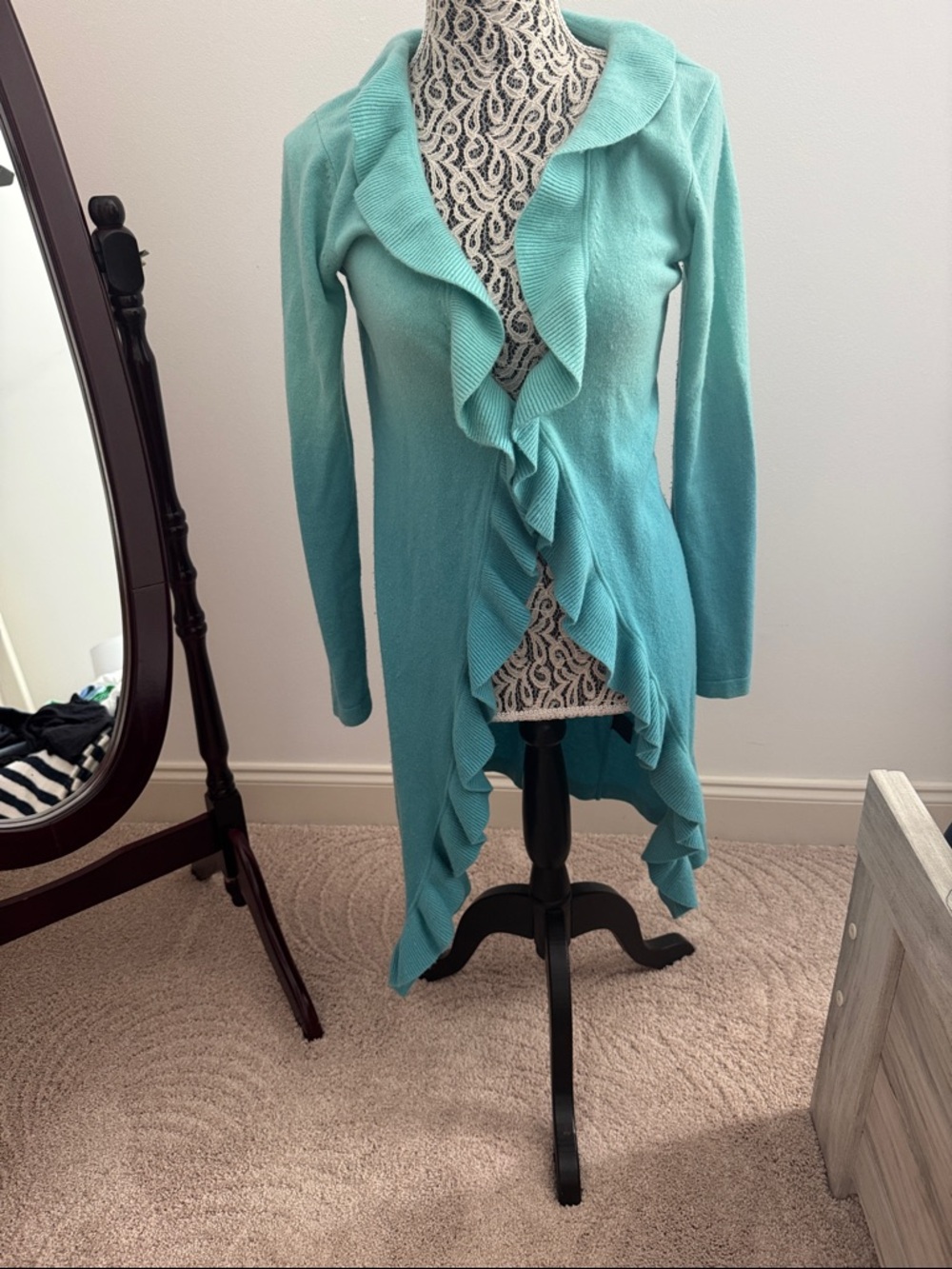 Ruffled Open-Front Women's cashmere Sweater Cardigan - Aqua